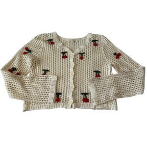Rebellion Crocheted Cardigan Women's Open Knit Cherries Buttons Cropped Boho M